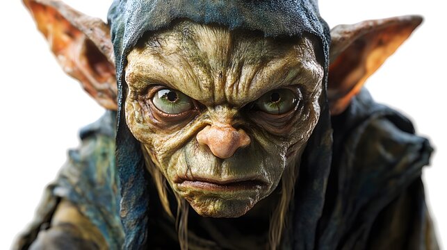 A creepy goblin in a traditional Halloween mask, dark fantasy theme, realistic texture, isolated on white background