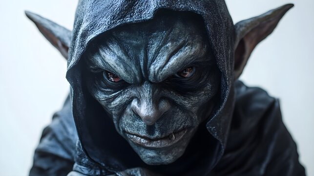 A creepy goblin in a traditional Halloween mask, dark fantasy theme, realistic texture, isolated on white background