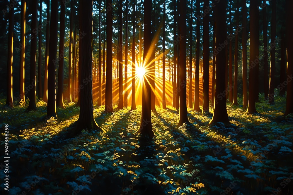 Aufkleber hunting forest with the quiet of dawn, depicted in an artwork where the first light of day brings a 