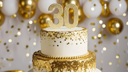 Opulent 30th Birthday Cake: Gold Glitter and Bokeh Lights for a Glamorous Celebration