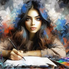 Oil portrait of a girl. Portrait of a beautiful young woman.