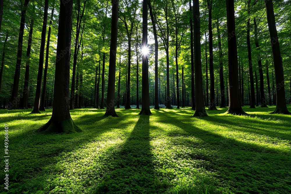 Poster hunting forest with the interplay of light and dark, illustrated with deep shadows and bright shafts