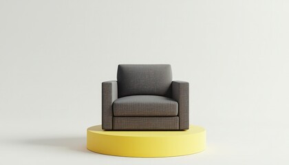 Digital 3D rendering of a charcoal-colored armchair on a pastel yellow base, white background.