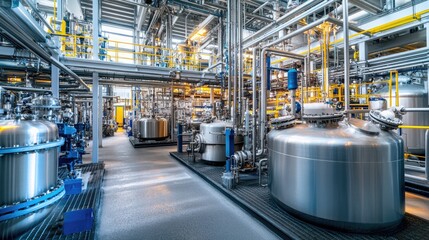 Medical or pharmaceutical laboratory. Chemical factory, interior of a high-tech plant with tanks and pipes