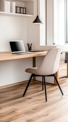 Modern Minimalist Home Office Desk with Laptop  Chair and Wooden Floor