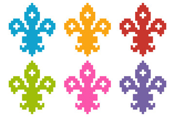 Beautiful colorful pixel Fleur de lis clipart.Classic royal embroidery vintage style.Traditional and little more modern. Flower with French origins.Vector illustration elements motif design for decor. © Cozy Wind Design