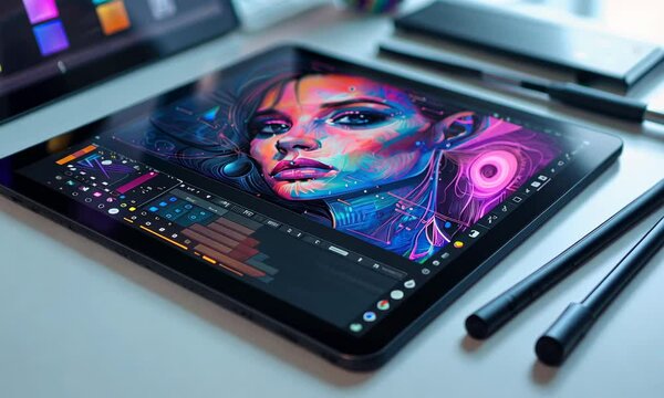 Vibrant digital artwork displayed on graphics tablet with stylus, situated desk other creative tools