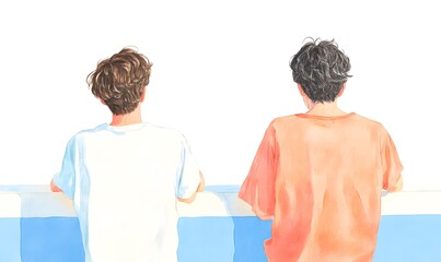 Obraz premium Delicate watercolor line drawing upper body of two cute 15-year-old boys, Generative AI