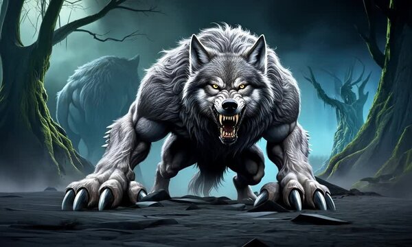 A fierce, muscular wolf-like creature snarling in a dark, atmospheric environment.