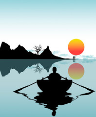 A man in a rowboat paddles toward a rugged island in the water ahead in a sunset 3-d illustration about outdoor adventure and travel. © Rob Goebel