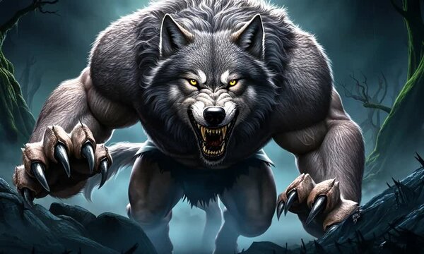 A fierce, muscular wolf-like creature growls menacingly in a dark, atmospheric setting.