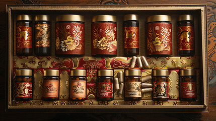 A collection of small, ornate bottles with intricate designs, arranged in a wooden box, showcasing traditional craftsmanship.