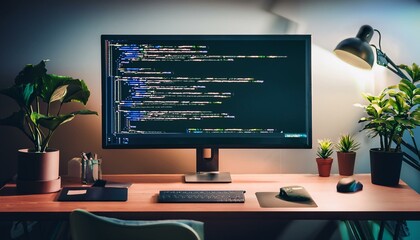 A modern and minimalistic workspace setup featuring a widescreen monitor displaying lines of programming code, Generative AI