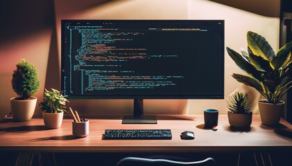 A modern and minimalistic workspace setup featuring a widescreen monitor displaying lines of programming code, Generative AI