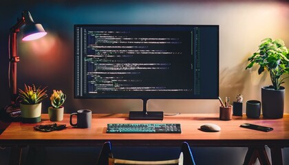 A modern and minimalistic workspace setup featuring a widescreen monitor displaying lines of programming code, Generative AI