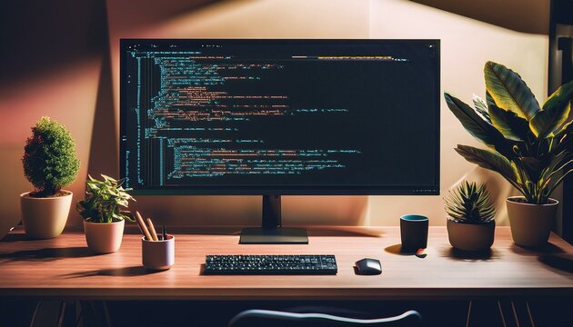 A modern and minimalistic workspace setup featuring a widescreen monitor displaying lines of programming code, Generative AI