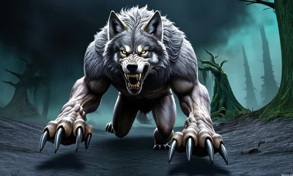 A fierce, muscular wolf-like creature with glowing eyes and sharp claws in a dark setting.