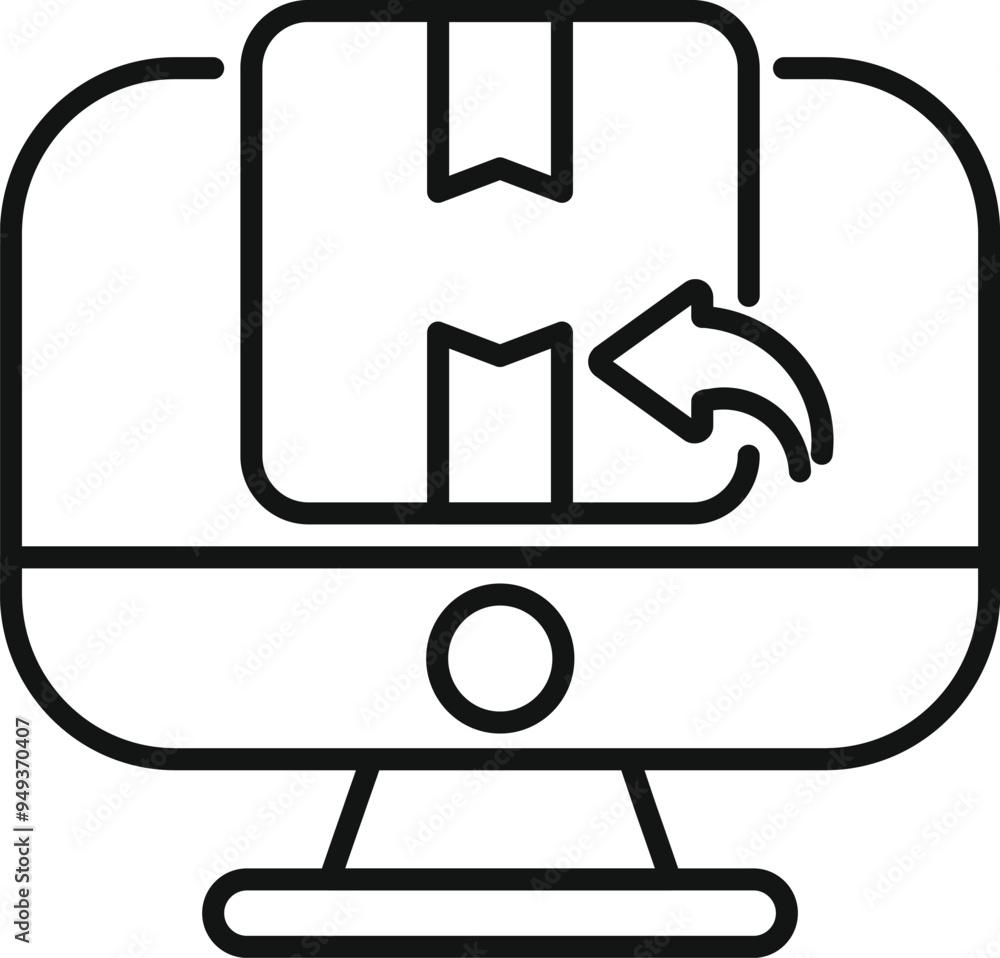 Poster simple icon depicting a package being returned using a desktop computer, symbolizing the online retu