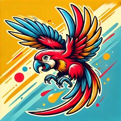 Obraz premium Cheerful and colorful illustration of a parrot in mid-flight with vibrant red, blue, and yellow feathers. 