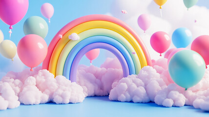 Colorful rainbow arching over fluffy clouds with pastel balloons in a bright, cheerful setting