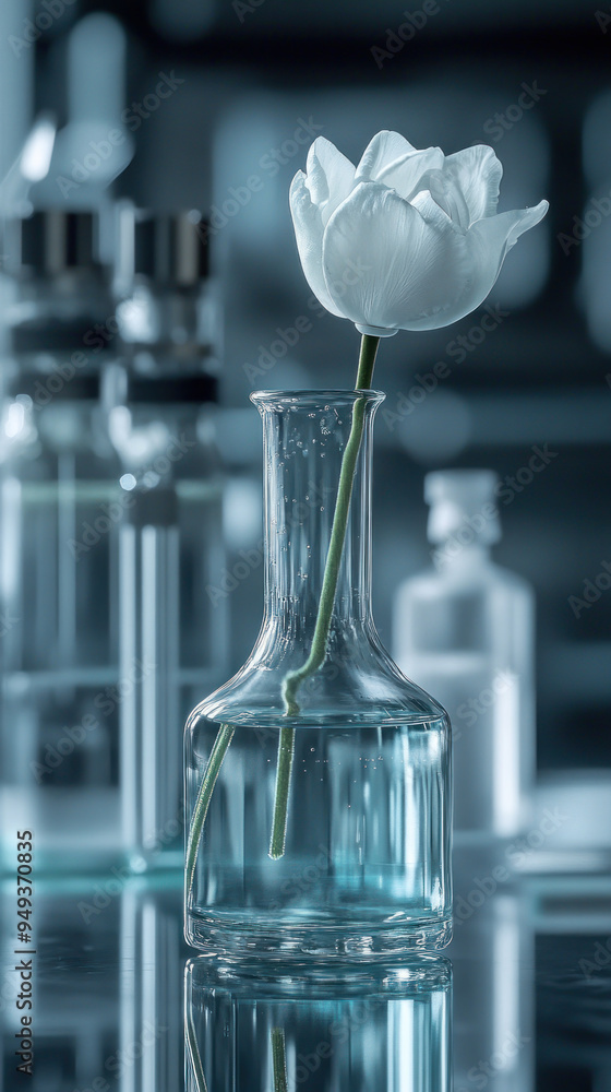 Poster a vase with a white flower in it sits on a table next to other vases and bottles. concept of calm an