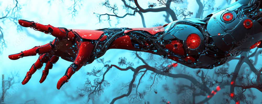 Aufkleber a robot arm with red and blue parts is shown in the air. the robot arm is made of metal and has a bl
