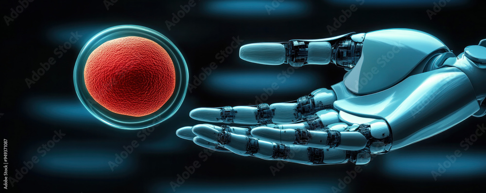 Poster a robot hand is holding a red ball. the robot is made of metal and has a robotic arm. the robot is h