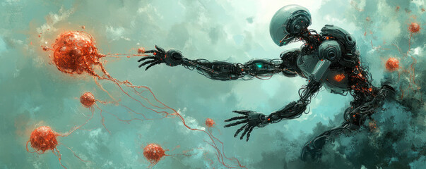 A robot is reaching for a red ball in a painting. The robot is surrounded by many other red balls, and the painting has a futuristic and mechanical feel to it