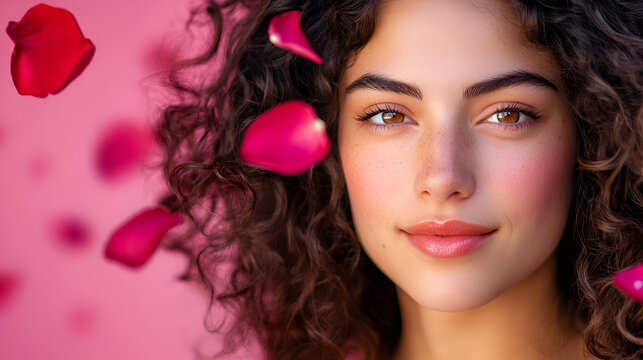 una mujer mirando a la camara con una ligera sonrisa posando para la foto retrato de una bella mujer femenina con petalos de rosa sobre el fondo