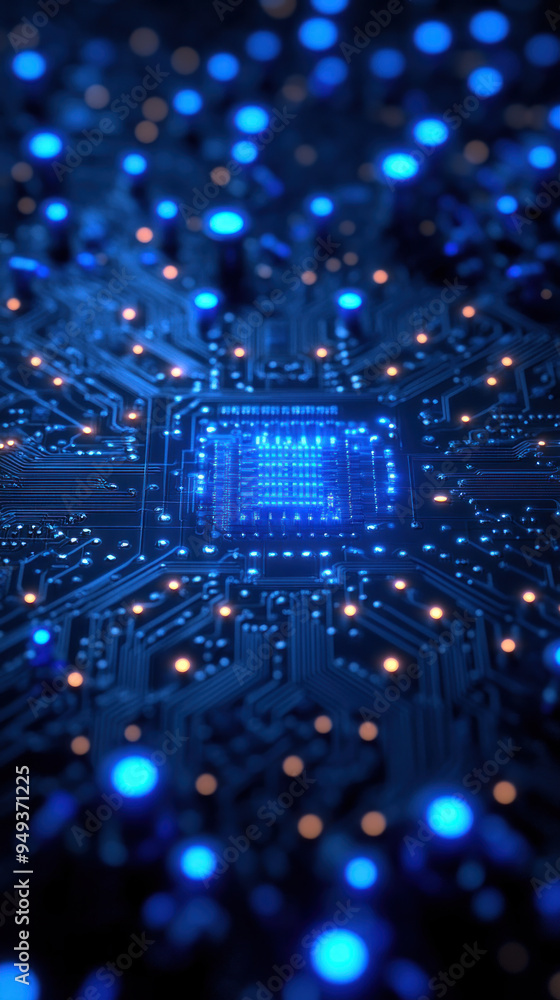 Poster a close up of a computer chip with blue and orange lights. concept of technology and innovation, as 