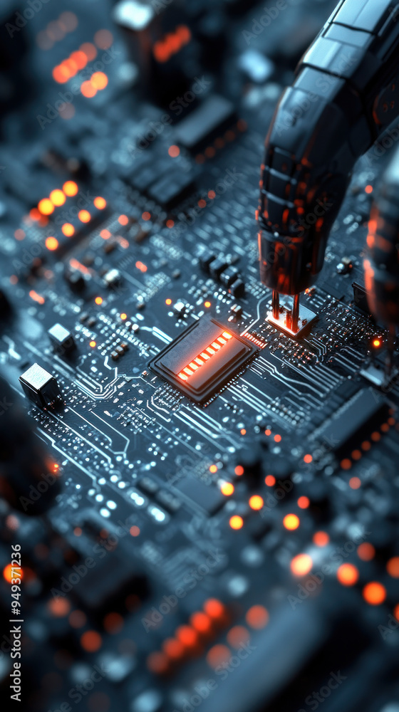 Poster a close up of a computer chip with a red light on it. concept of technology and innovation, as well 