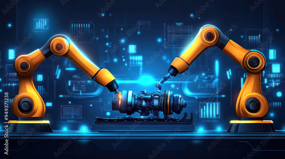 Aufkleber two robots are working on a machine, one of which is orange. the scene is futuristic and industrial,