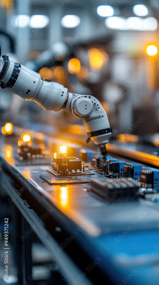 Poster a robot is working on a circuit board. the robot is white and has a blue arm. the robot is focused o