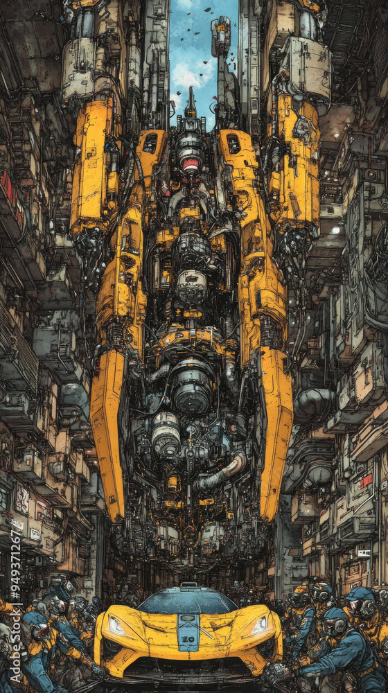 Poster a yellow robot is surrounded by other robots and a car. the robot is in the middle of the scene and 
