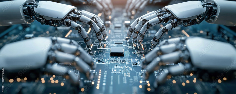 Poster a robot is working on a computer board. the robot is made of metal and has a mechanical look. the ro