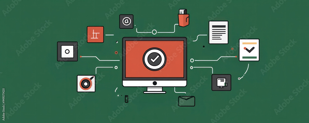 Poster a computer monitor with a red check mark on it. the monitor is surrounded by various icons and butto