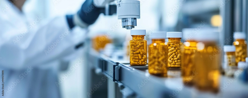 Poster a person is working in a lab with a machine that is filling bottles with pills. the bottles are oran