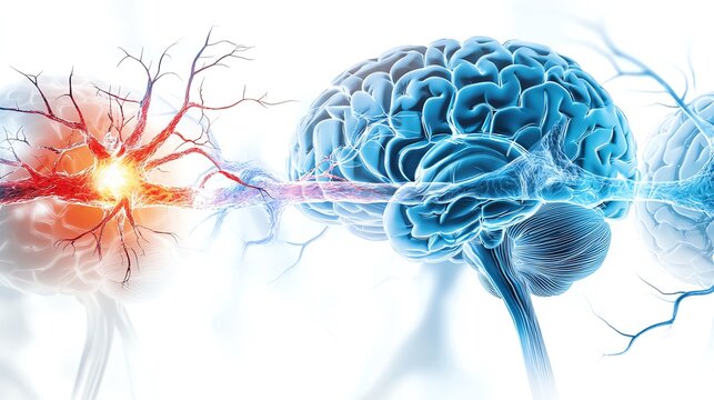3D illustration of a human brain with a highlighted area representing a stroke.