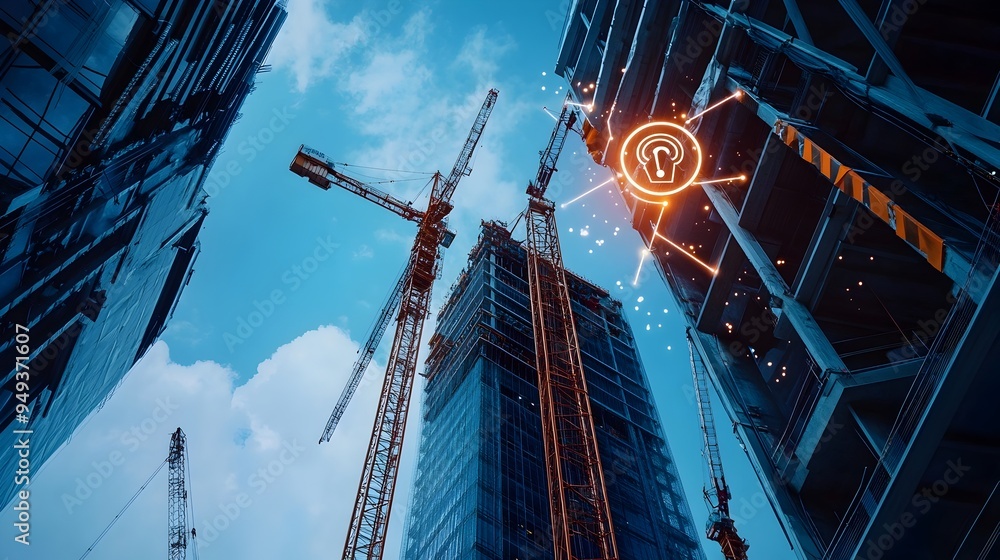 Poster cutting edge iot technology ensuring comprehensive safety measures are met on a skyscraper construct