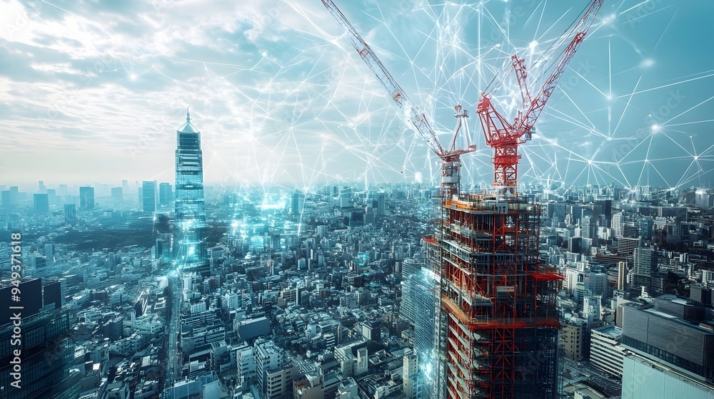 Poster innovative iot technology ensuring safety standards are met on a high rise construction site with ad