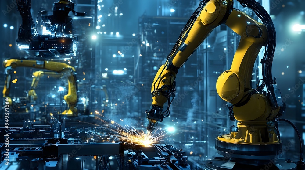 Poster iot powered robotic welders autonomously assembling various components of a skyscraper structure sho