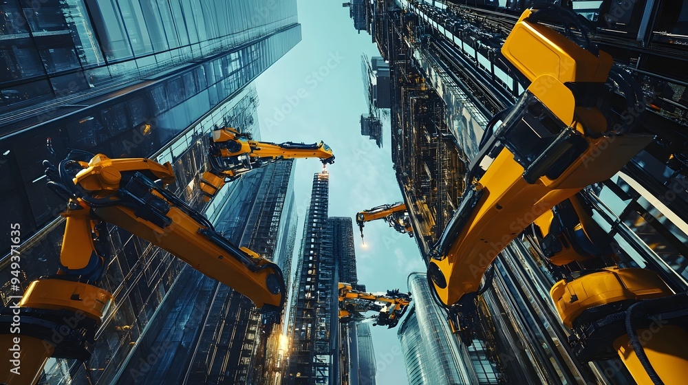 Poster photograph showcasing the of iot systems and robotic welders for the automated assembly of skyscrape