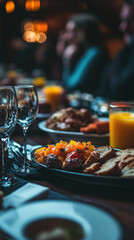 A group of people are sitting at a table with a variety of food and drinks, including a plate of food and a glass of orange juice. The atmosphere is casual and relaxed, with people enjoying their meal