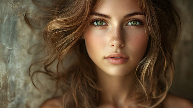 una mujer bella posando para la foto retrato de un rostro hermoso de una mujer rubia con ojos claros color vede mujer femenina y sonriente modelo de pasarelas