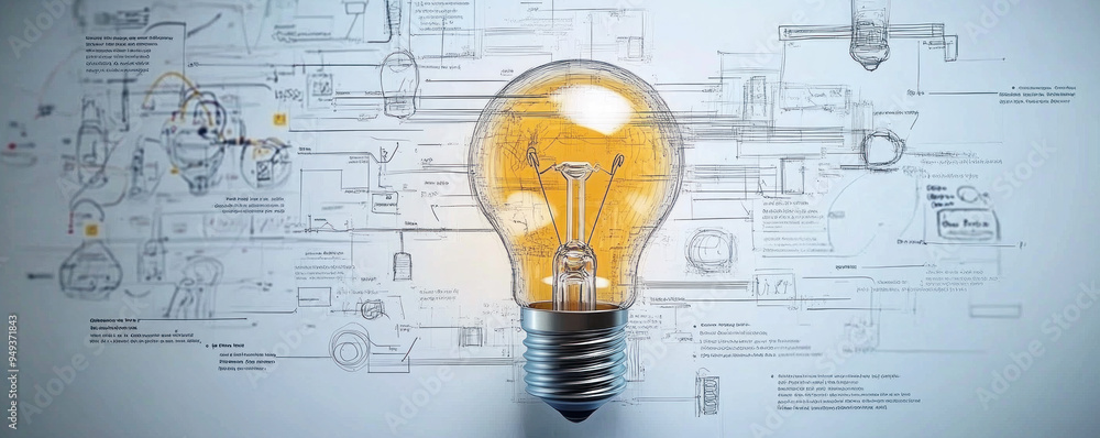 Poster a light bulb is lit up in front of a white background with a lot of equations and diagrams. concept 