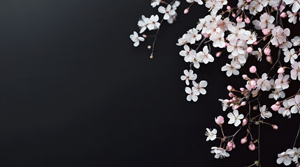 fondo negro en contraste con las flores pequeñas y elegantes en tono rosa pastel tenue decorativas con espacio de copia