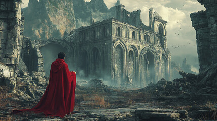 A lone figure in a red cloak gazes at ancient ruins under a cloudy sky in a mysterious landscape