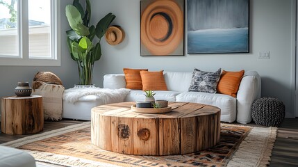 A modern living room featuring rustic decor, including reclaimed wood furniture, a soft rug, and warm earth tones.