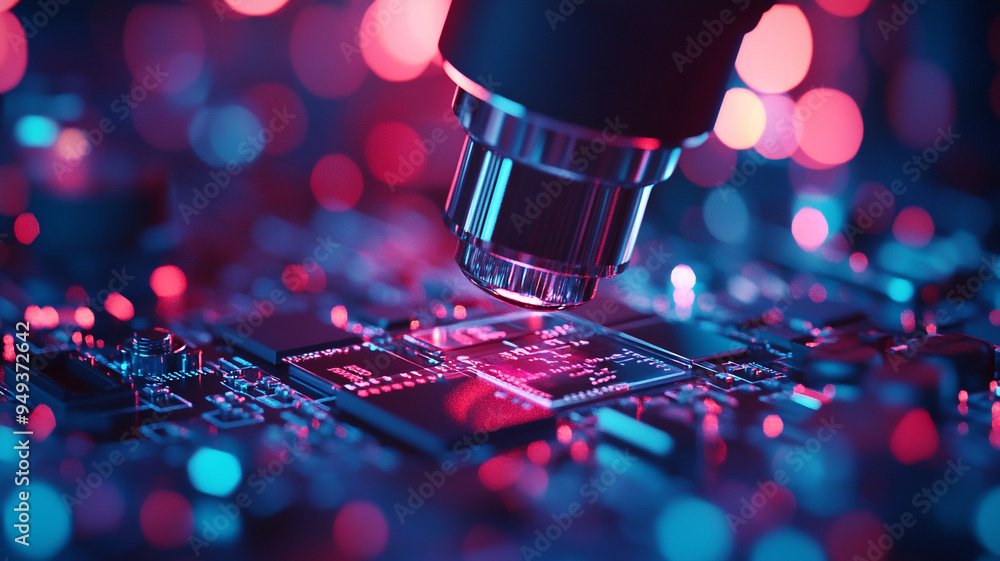 Aufkleber a close-up illustration of a microscope examining a computer chip with colorful circuit patterns in 