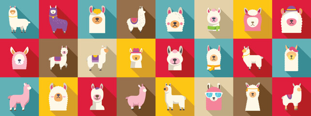 Alpaca icons set. Set of cute llamas wearing clothes and accessories enjoying summer vacation